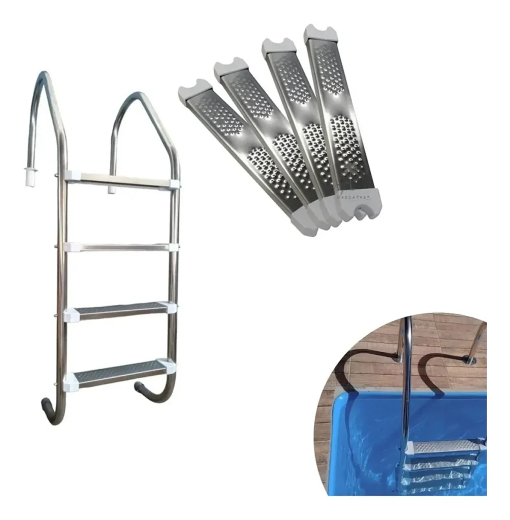 Escada Para Piscina 4 Degraus Inox 316 + Chumbador De Piso