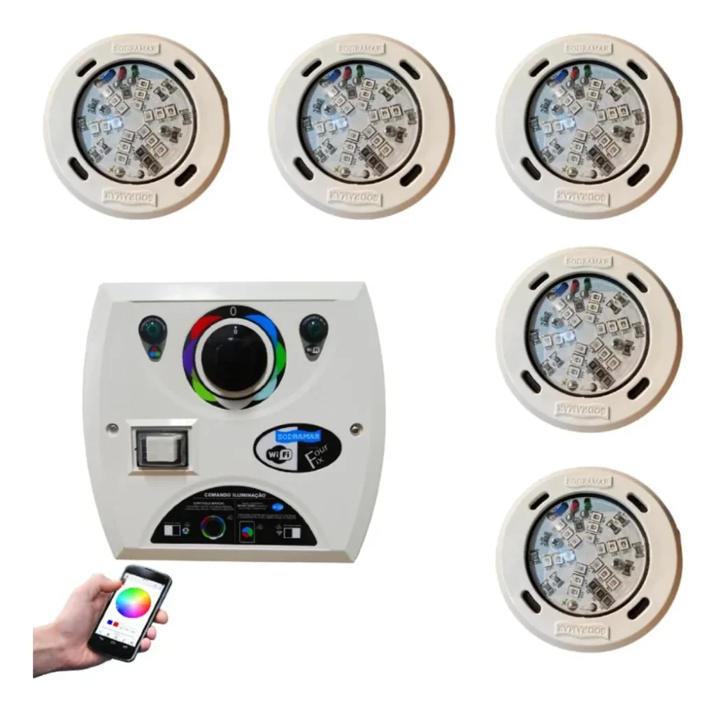 Kit Iluminação Para Piscina 5 Led Sodramar Rgb + Controlado
